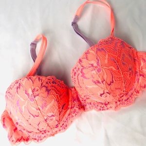 VICTORIAS SECRET PINK BRA coral lace push up 32C